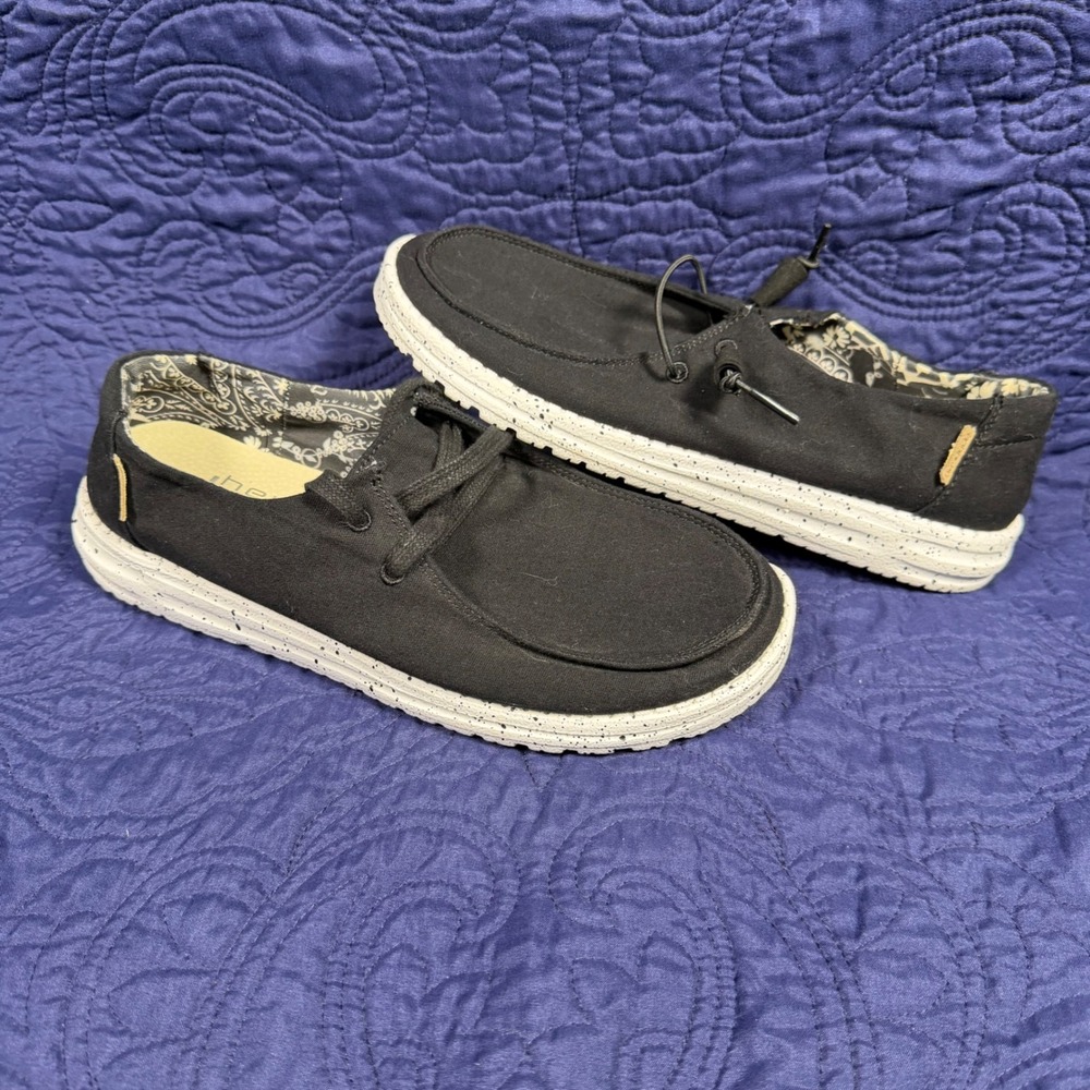 Hey Dude Wendy Black Odyssey Canvas Slip On Loafers Shoes Mens 9 Read